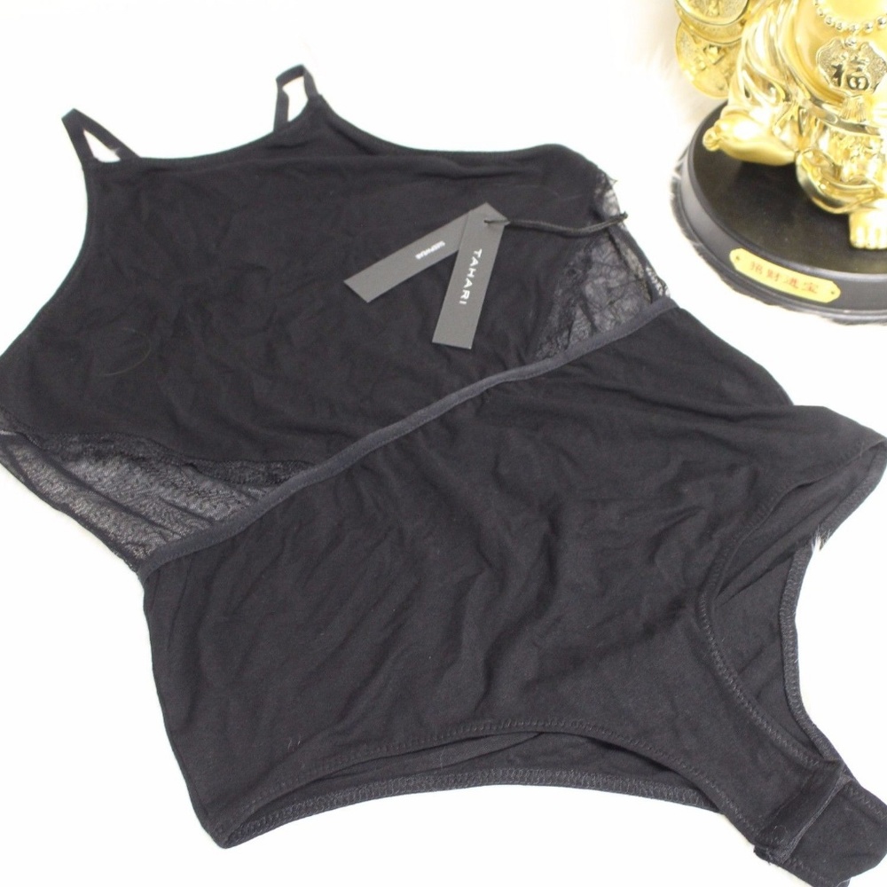 Tahari Women Bodysuit Large Black‎ Lace Mesh Strappy Back Sleepwear L NWT